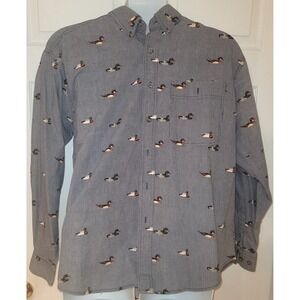 Wrangler Rugged Wear Shirt Men's Large 16"/16.5"  Blue Duck Print Long Sleeve